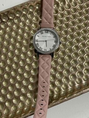 Michael Kors Blush Pink Leather Strap Watch Womens Quartz Crystal Accent